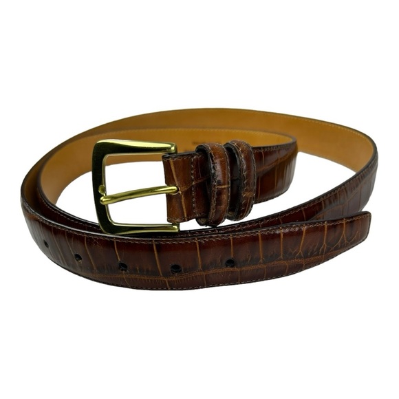 BRIGHTON Embossed Calfskin Saddle‎ Leather Belt Made in USA Brown Size 48 - Picture 1 of 13